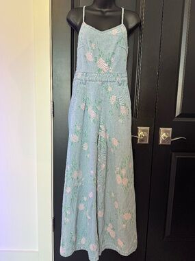 Molly Bracken Floral Denim Lace-Up Back Jumpsuit NWT